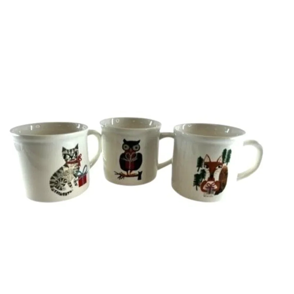 3 POTTERY BARN DENISE FIEDLER WHIMSICAL CAT,FOX & OWL MUGS -A FUN TASTE OF NATUR